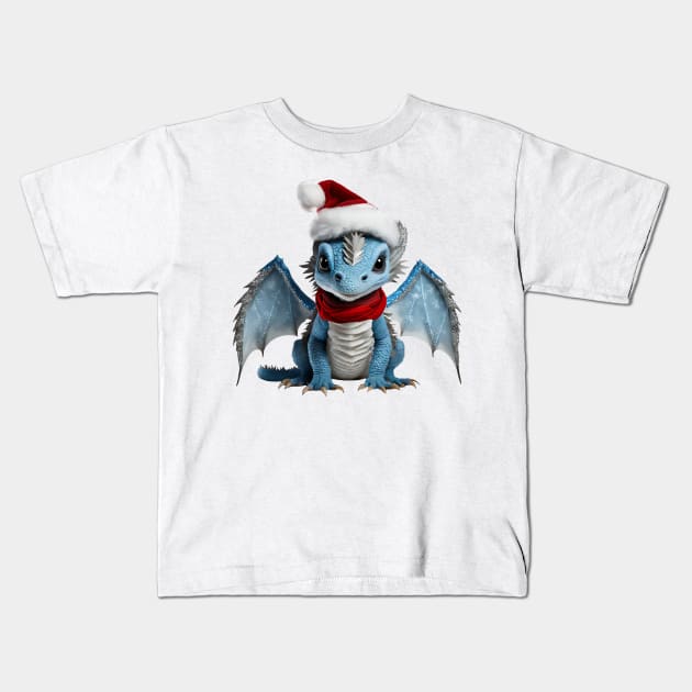 Realistic Artwork of a Cute Blue Baby Dragon Wearing a Red Festive Christmas Hat Kids T-Shirt by Cuteopia Gallery